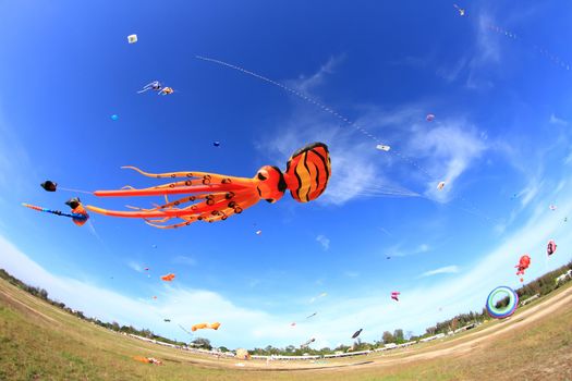 CHA-AM - MARCH 10: Colorful kites in the 12th Thailand International Kite Festival on March 9, 2012 in Naresuan Camp, Cha-am, Thailand