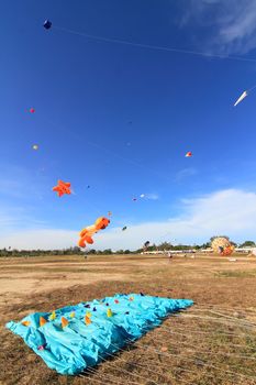 CHA-AM - MARCH 10: Colorful kites in the 12th Thailand International Kite Festival on March 9, 2012 in Naresuan Camp, Cha-am, Thailand