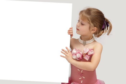 A girl carrying a white shield for advertisement