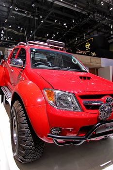 GENEVA / MARCH 16 Toyota Hilux red on display at the 82nd  international motor show Palexpo-Geneva on march 16;2012 in Geneva