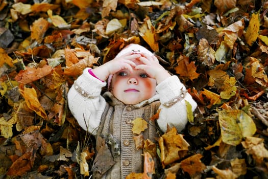 A little child playing in yellow maple leaves