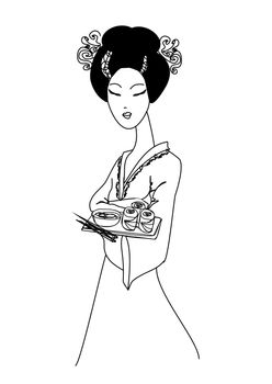 beautiful Asian girl enjoy sushi - doodle illustration