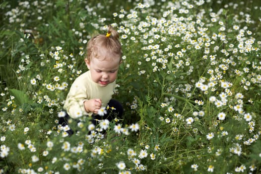 Little girl amongst a field with little white flowers