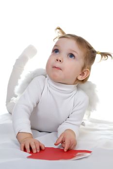 Stock photo: an image of a little cupid with wings and paper heart