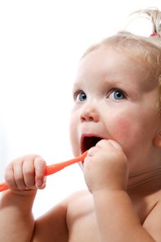An image of little girl with toothbrush on white background