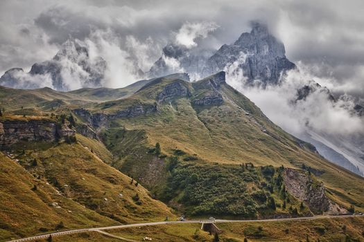 Beautiful view over a dramatic weather situation in the Dolomites - Italy.