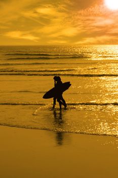 silhouette of surfing couple walking from the sea to the beach just before sunset
