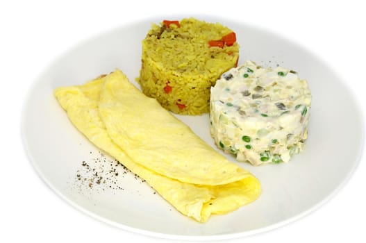 scrambled eggs with rice and salad on a white plate