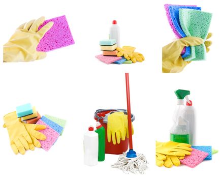 Collection of cleaning products and tools on white
