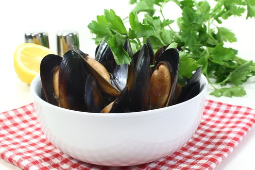 fresh mussels cooked in a white bowl