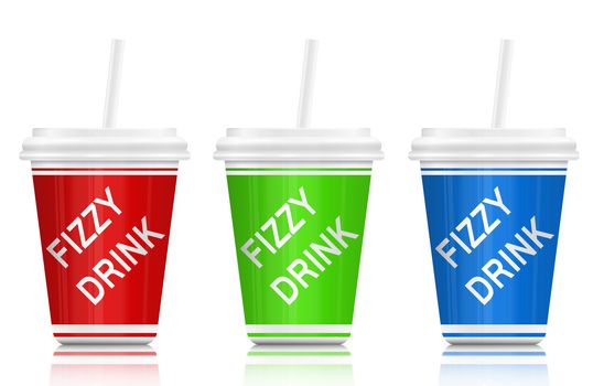Illustration depicting three plastic fizzy drink containers with straws. White background.