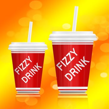 Illustration depicting two plastic fizzy drink containers with straws. Vibrant abstract yellow background.