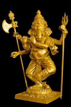 Ganesh Gold stand sculpture on black background with path