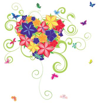 vector colorful flowers heart with curves and butterflies isolated on white