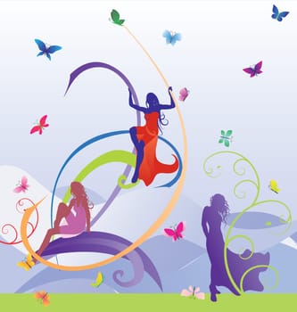 colorful models silhouettes with butterflies violet vector