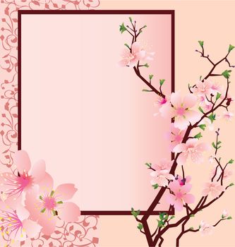 vector pink frame with sakura flowers and ornate panel
