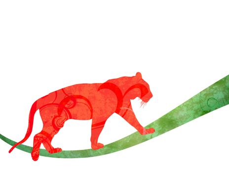 red watercolor jungle cat (panther or tiger) silhouette illustration  isolated on white