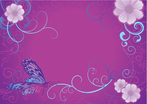 violet butterfly and flowers on dark background