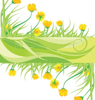 green banner with yellow flowes and green grass vector isolated on white