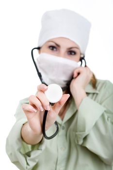 An image of a woman in white mask with stethoscope