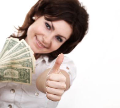 A nice girl with dollars showing a sign "OK"