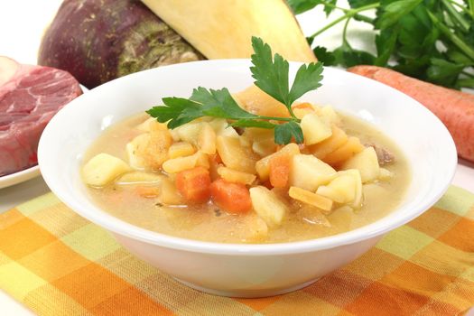 fresh rutabaga soup with beef, carrots, potatoes and parsley