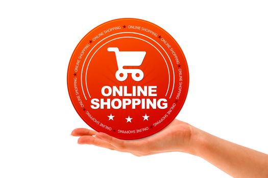 Hand holding a Online Shopping icon on white background.
