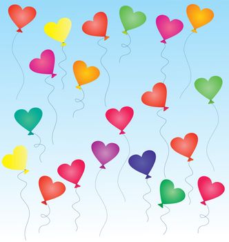 colorful heart-shaped balloons in the blue sky