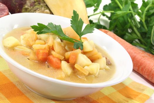 fresh boiled rutabaga soup with beef, carrots, potatoes and parsley