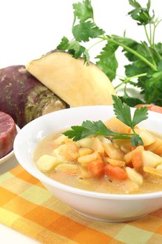 boiled rutabaga soup with beef, fresh carrots, potatoes and parsley