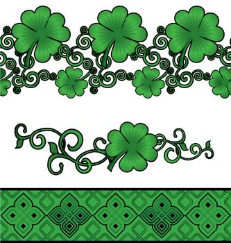 Vector green Patrick's day shamrock or clover decor borders set isolated on white