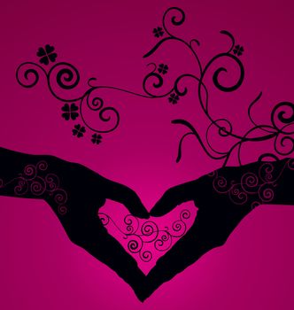 vector heart shaped hands silhouette on dark pink background