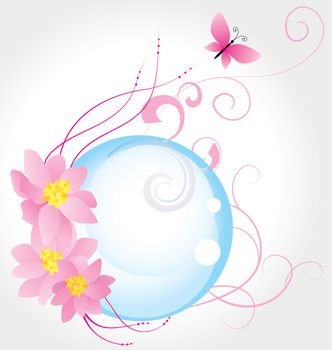 blue bubble and three pink flowers with butterfly isolated on white