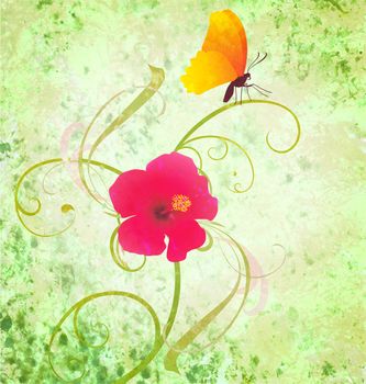 green textured background with flower and butterfly