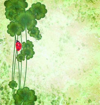 clover with ladybug on green grunge texture background St. Patrick day border illustration