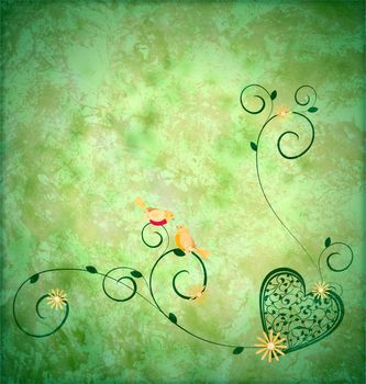 little yellow birds in love sitting on the decor florals green grunge bcground