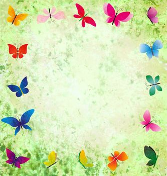 green grunge background with colorful butterflies frame