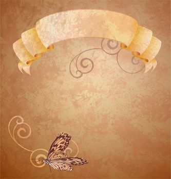brown grunge paper  with beige scroll and butterfly with curves