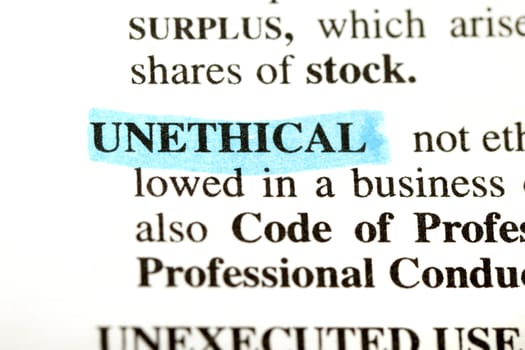 Highlighted definition of the word unethical from a legal dictionary