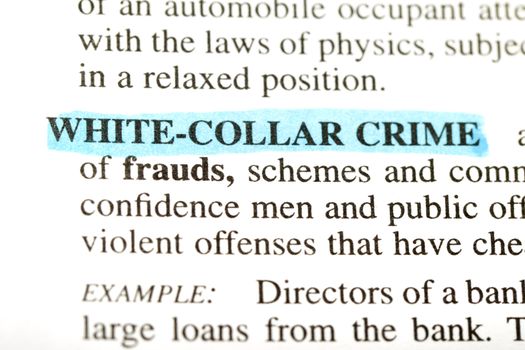 Highlighted definition of the word white-collar crime from a legal dictionary