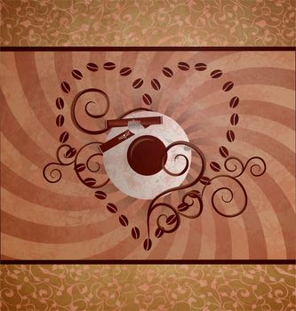 coffee loving grunge brown background with swirls and ornament