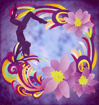 dancing woman silhuette with color stripes and flowers on blue grunge background