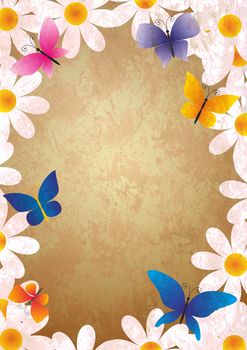 flowers and butterflies grunge style spring background vintage paper