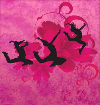 three urban modern dancing women silhuettes on the red or pink grunge background