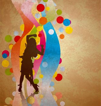 colorful waves background with woman dancing silhouette