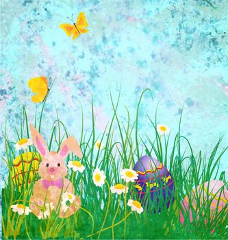 Easter rabbit with daisies flowers and butterfly on grunge paper blue background