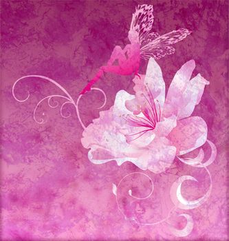 pink little flower fairy on the dark magenta spring or summer grunge background