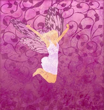 pink gunge illustration with fairy girl with butterfly wings
