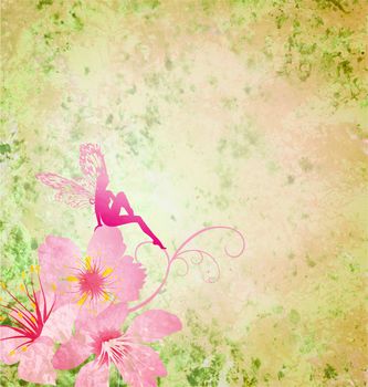 pink little flower fairy on the green spring or summer grunge background