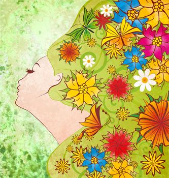 spring flowers fairy face on green grunge background with different colorful flowers and butterfly